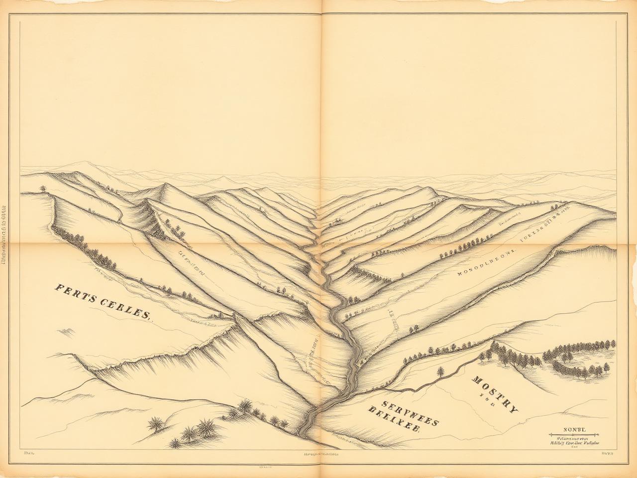 Gravura colonial do vale desenhado como lotes vazios