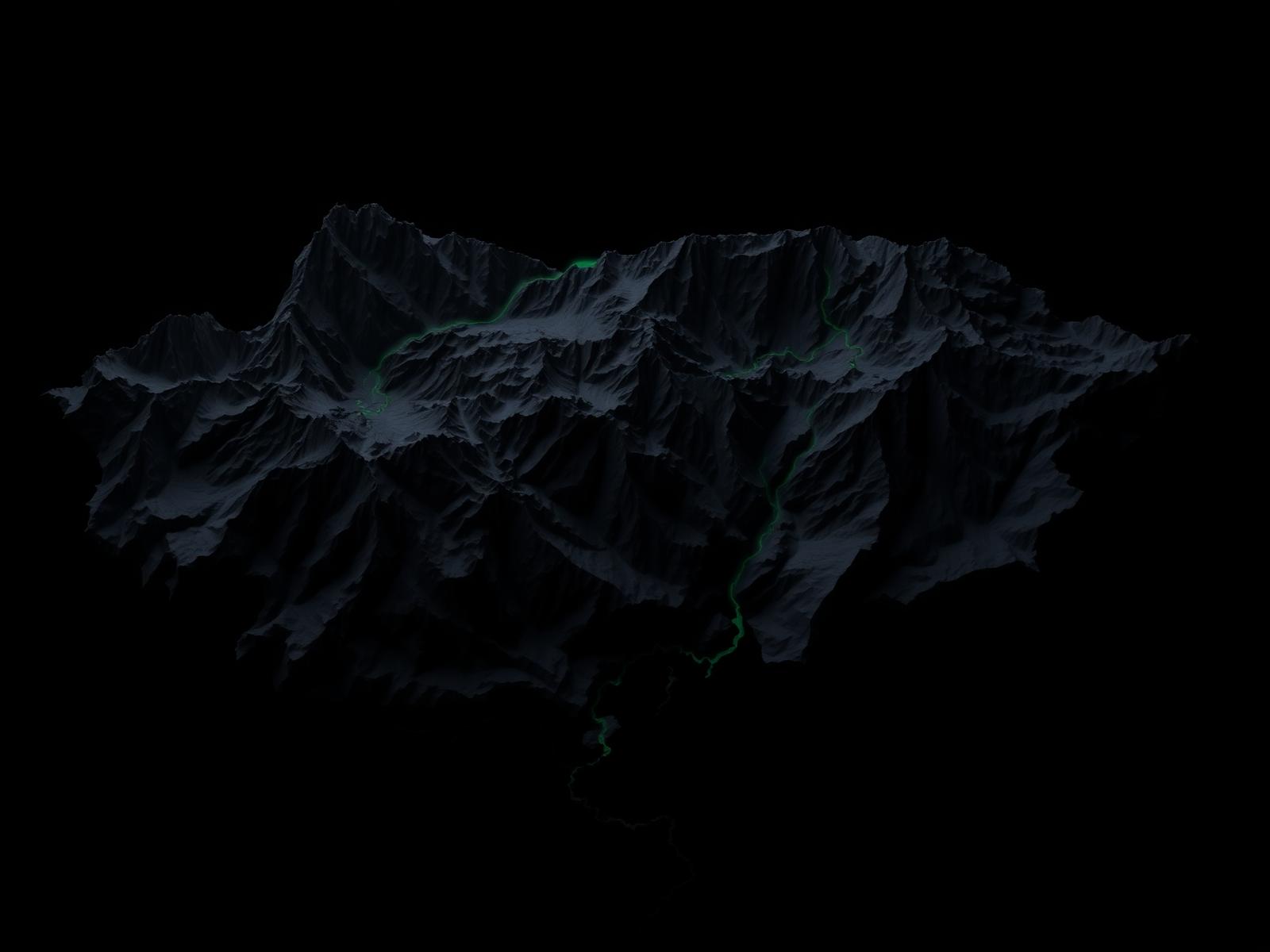 Mapa topográfico escuro do vale e da bacia do Rio Macaé