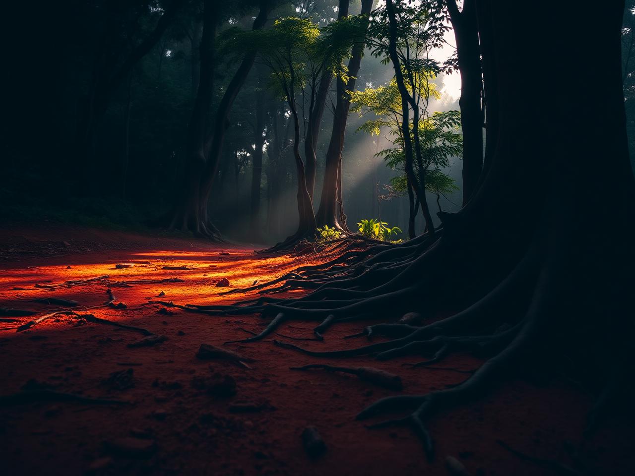 Terra vermelha nua e raízes na mata do vale